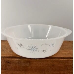 Vintage Glasbake 4 Quart Milk Glass Casserole Dish Blue Starburst Atomic J-2354